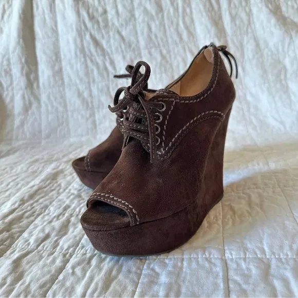 MIU MIU Suede Peep-Toe Zip Back Wedge Bootie Lot 2 (black &amp; Brown)