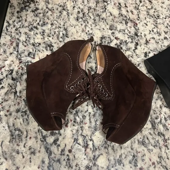 MIU MIU Suede Peep-Toe Zip Back Wedge Bootie Lot 2 (black &amp; Brown)