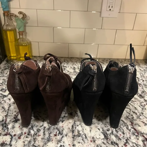 MIU MIU Suede Peep-Toe Zip Back Wedge Bootie Lot 2 (black &amp; Brown)