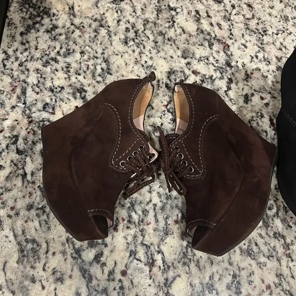 MIU MIU Suede Peep-Toe Zip Back Wedge Bootie Lot 2 (black &amp; Brown)