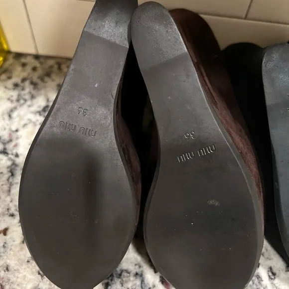 MIU MIU Suede Peep-Toe Zip Back Wedge Bootie Lot 2 (black &amp; Brown)