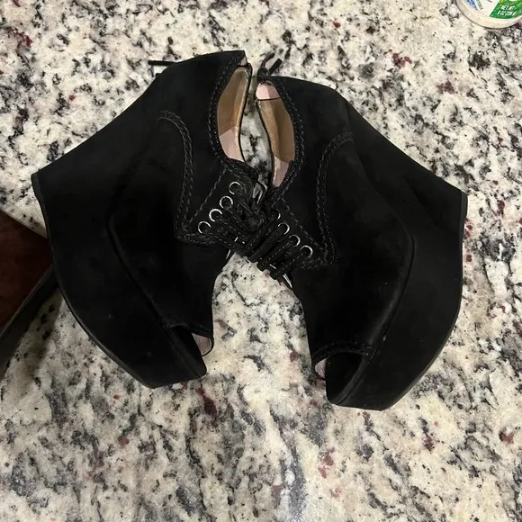 MIU MIU Suede Peep-Toe Zip Back Wedge Bootie Lot 2 (black &amp; Brown)