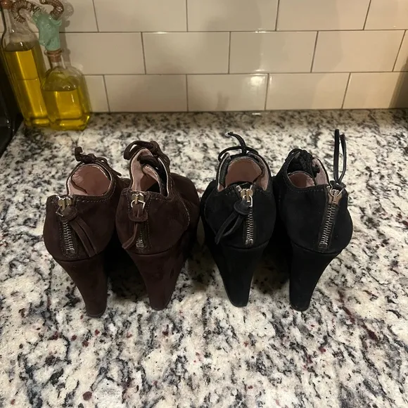 MIU MIU Suede Peep-Toe Zip Back Wedge Bootie Lot 2 (black &amp; Brown)