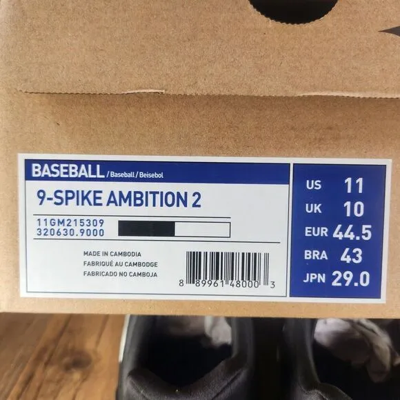 Mizuno 9-Spike Ambition 2 Mens Sz 11 Black White Athletic Metal Baseball Cleats