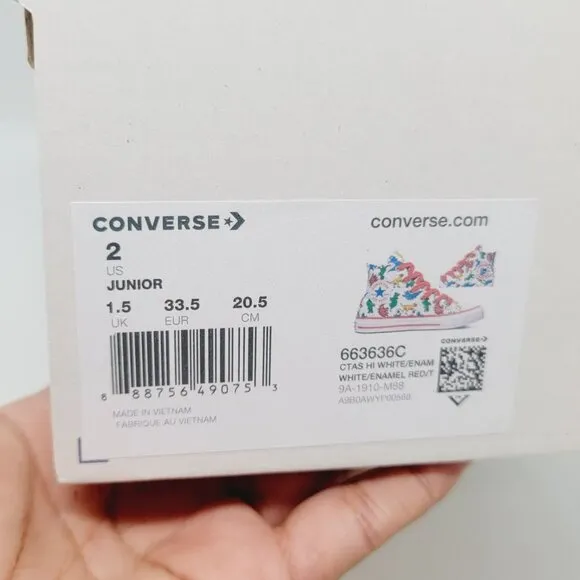 🤩New 2 Kids Shoes CONVERSE ALL  STAR dinosaur 663636C CTAS HI Canvas White Red