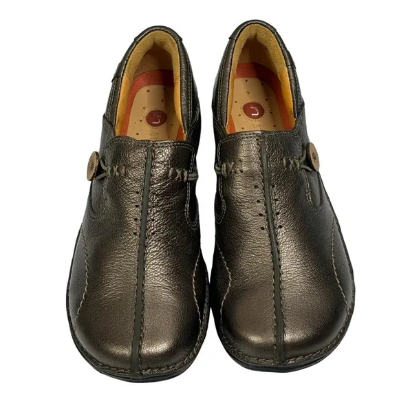 New  Clark’s Artisan Pewter Metallic Leather Slip On Career Casual Walking Shoes