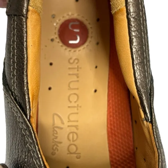 New  Clark’s Artisan Pewter Metallic Leather Slip On Career Casual Walking Shoes