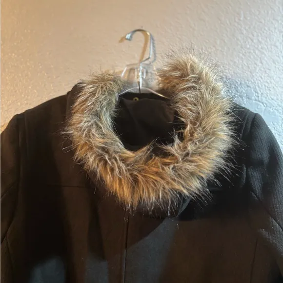 New COLEHAAN wool faux fur Hooded Duffle Coat green brown claw closure size 14