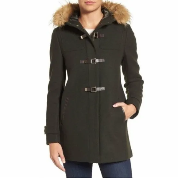 New COLEHAAN wool faux fur Hooded Duffle Coat green brown claw closure size 14