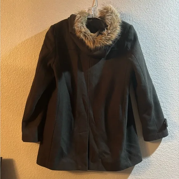 New COLEHAAN wool faux fur Hooded Duffle Coat green brown claw closure size 14