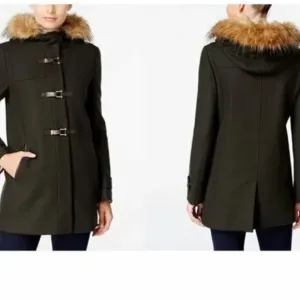 New COLEHAAN wool faux fur Hooded Duffle Coat green brown claw closure size 14