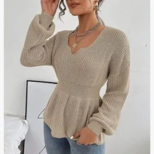 New Knit V Neck Drop Shoulder Babydoll Sweater