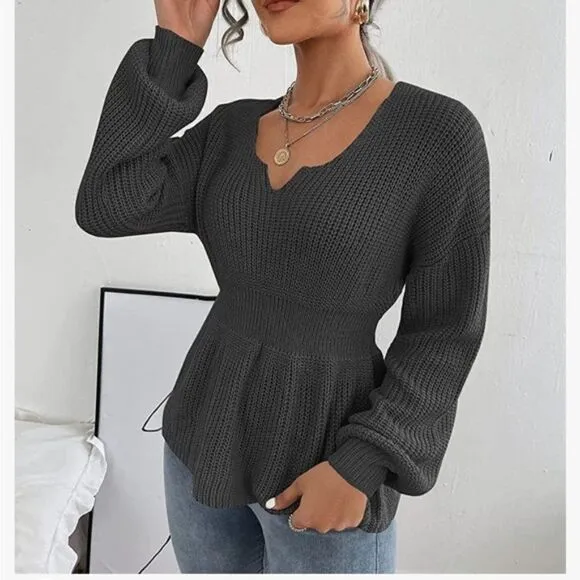New Knit V Neck Drop Shoulder Babydoll Sweater