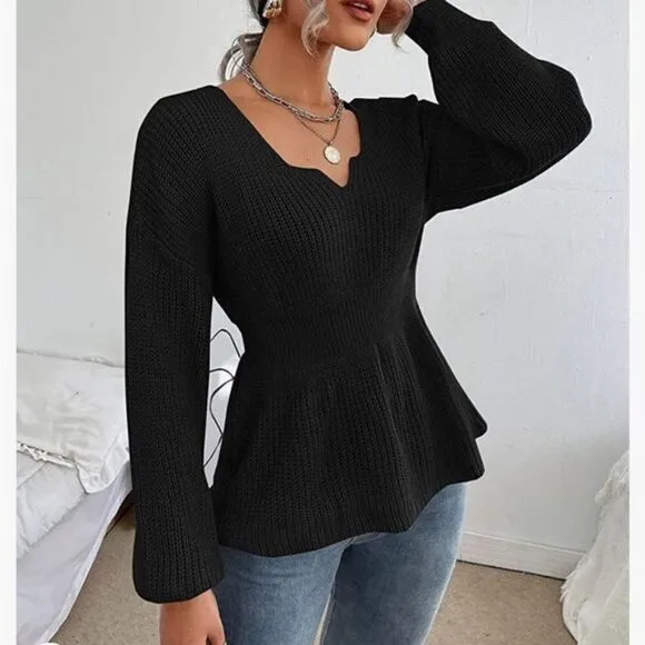 New Knit V Neck Drop Shoulder Babydoll Sweater