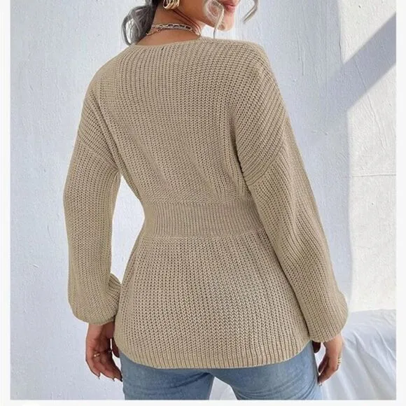 New Knit V Neck Drop Shoulder Babydoll Sweater