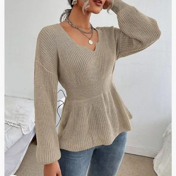 New Knit V Neck Drop Shoulder Babydoll Sweater