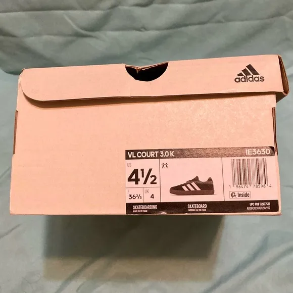 New With Box, Adidas, Boys Size 4.5, Black &amp; White, Skateboarding Tennis Shoes