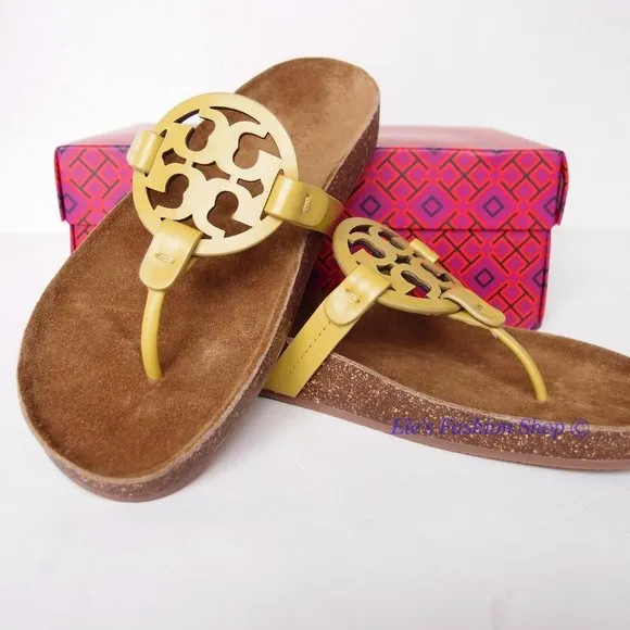 NIB Tory Burch Ergonomic Miller Cloud Leather Sandal Lemon Lime Green US 7 7.5 8