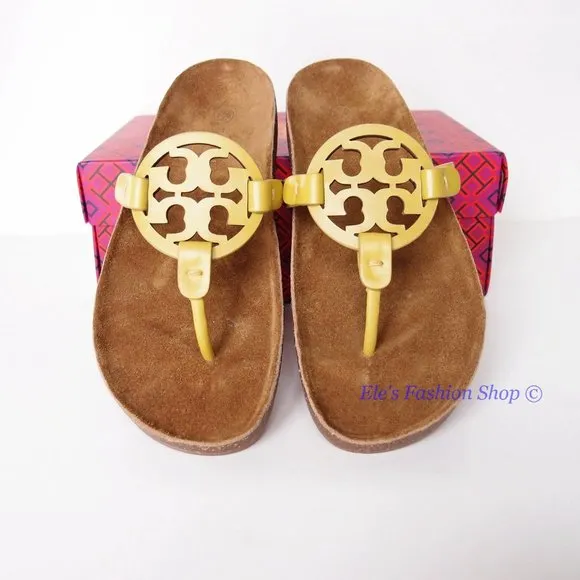 NIB Tory Burch Ergonomic Miller Cloud Leather Sandal Lemon Lime Green US 7 7.5 8