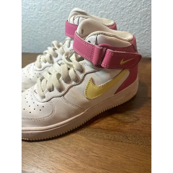 Nike Air Force 1 Mid Top Sneakers Pink Yellow Accent Kids Shoes 3.5Y