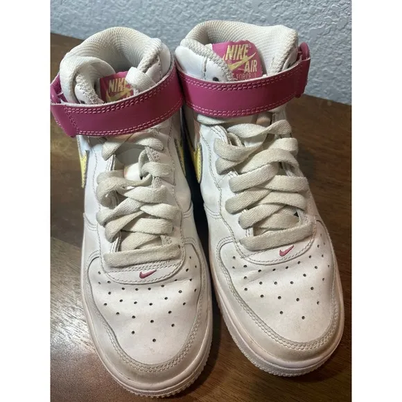 Nike Air Force 1 Mid Top Sneakers Pink Yellow Accent Kids Shoes 3.5Y