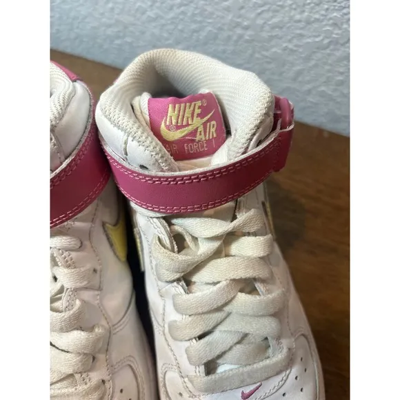 Nike Air Force 1 Mid Top Sneakers Pink Yellow Accent Kids Shoes 3.5Y