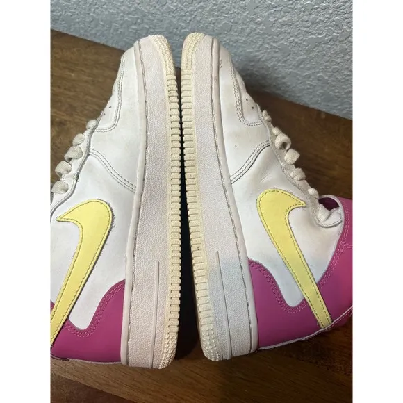 Nike Air Force 1 Mid Top Sneakers Pink Yellow Accent Kids Shoes 3.5Y
