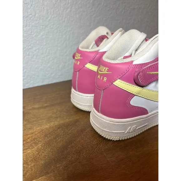 Nike Air Force 1 Mid Top Sneakers Pink Yellow Accent Kids Shoes 3.5Y