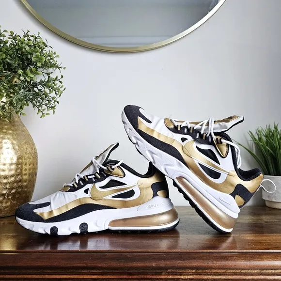 Nike Air Max 270 React Running Shoes, CW7298 100 White/Metallic Gold/Black Sz 9