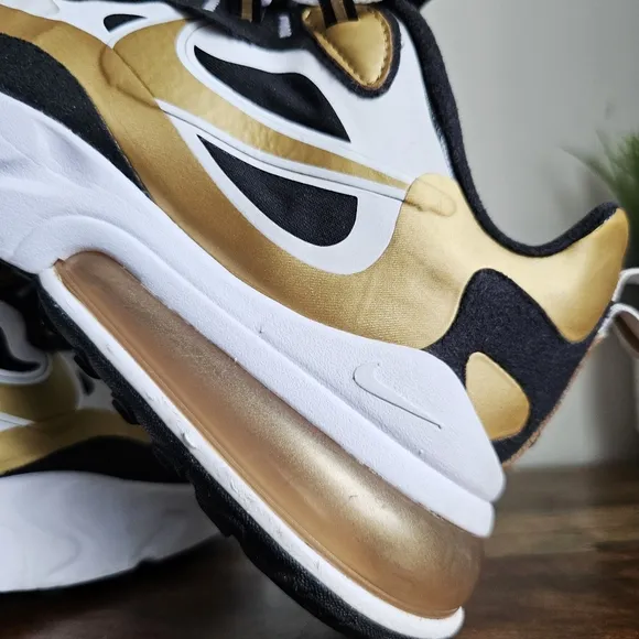 Nike Air Max 270 React Running Shoes, CW7298 100 White/Metallic Gold/Black Sz 9