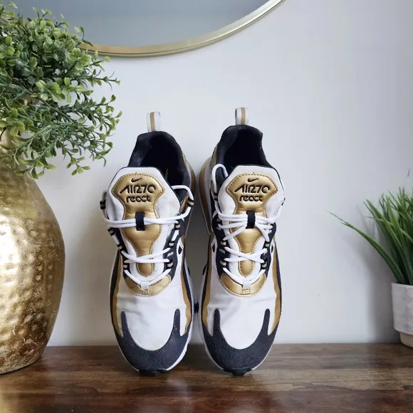 Nike Air Max 270 React Running Shoes, CW7298 100 White/Metallic Gold/Black Sz 9