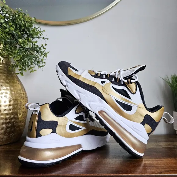 Nike Air Max 270 React Running Shoes, CW7298 100 White/Metallic Gold/Black Sz 9