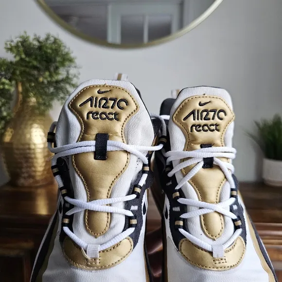 Nike Air Max 270 React Running Shoes, CW7298 100 White/Metallic Gold/Black Sz 9
