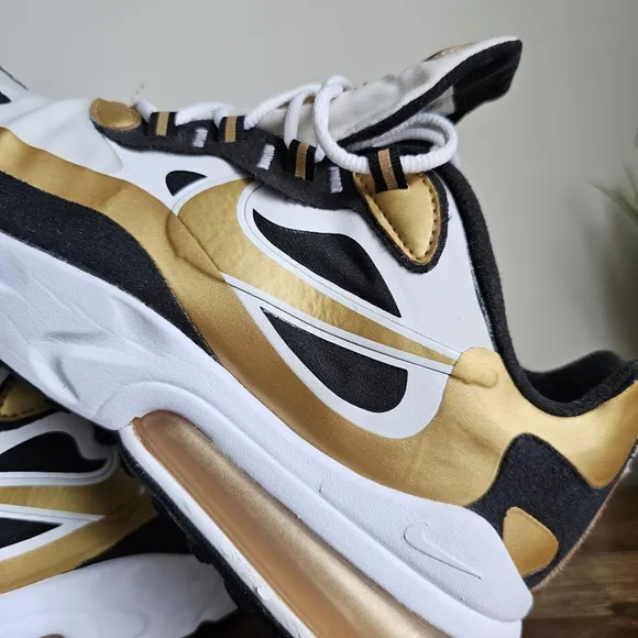 Nike Air Max 270 React Running Shoes, CW7298 100 White/Metallic Gold/Black Sz 9