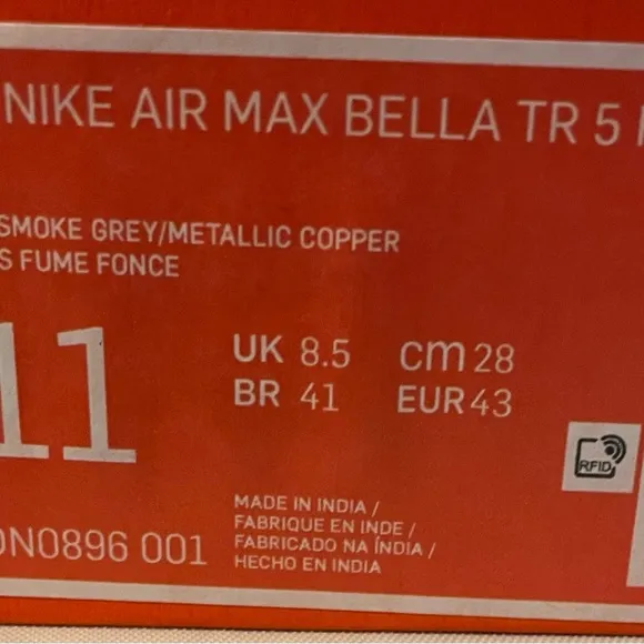 Nike Air Max Bella TR 5 PR Training Shoes - Smoke Grey/Metallic Copper‎  Sz 11