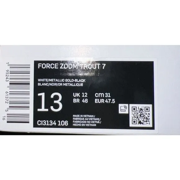 Nike Force Zoom Trout 7 Mens Metal Baseball Cleats Size 13 White Gold Black