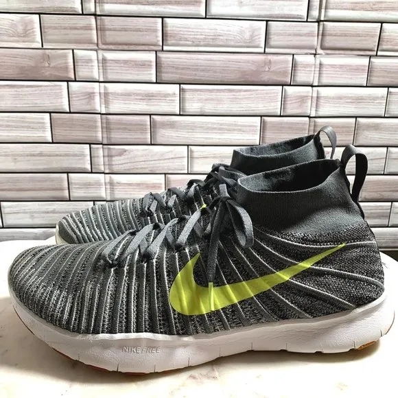 Nike Free Train Force Flyknit Mens 14 Wolf Gray Yellow Swoosh Athletic Shoes