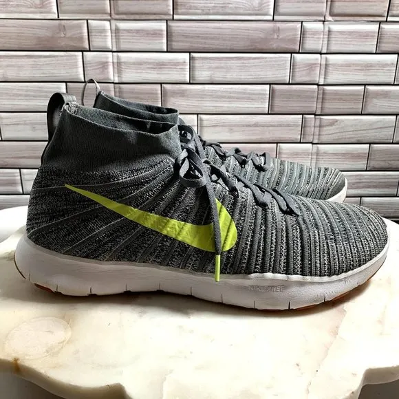 Nike Free Train Force Flyknit Mens 14 Wolf Gray Yellow Swoosh Athletic Shoes