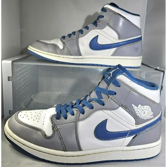 Nike Men's Air Jordan 1 Mid Cement Grey/White/True Blue Sneakers Size 8.5
