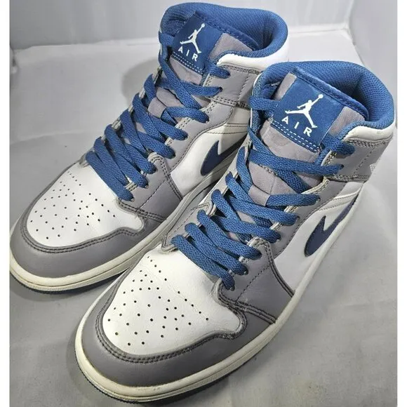 Nike Men's Air Jordan 1 Mid Cement Grey/White/True Blue Sneakers Size 8.5
