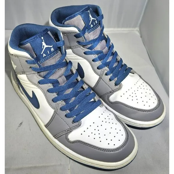 Nike Men's Air Jordan 1 Mid Cement Grey/White/True Blue Sneakers Size 8.5