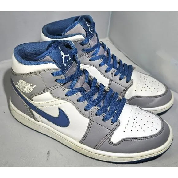 Nike Men's Air Jordan 1 Mid Cement Grey/White/True Blue Sneakers Size 8.5