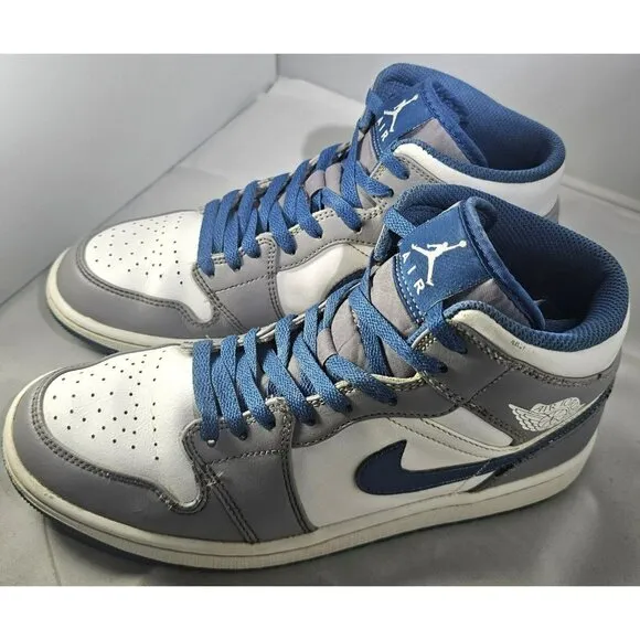 Nike Men's Air Jordan 1 Mid Cement Grey/White/True Blue Sneakers Size 8.5