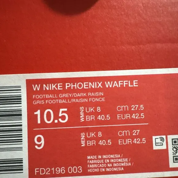 Nike Phoenix Waffle Football Grey-Raisin Womens Sz 10.5 / Mens Sz 9 FD2196-003