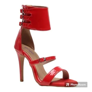 NWT BURJU Amante Thick Ankle Strap Heeled Sandals | Red | 9 1/2