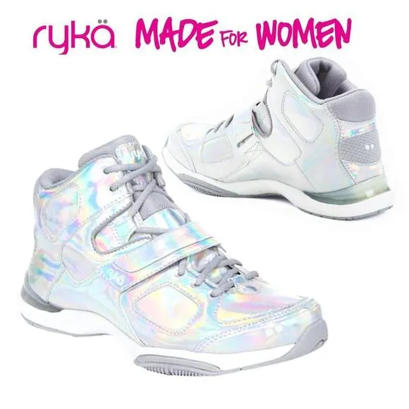 NWT Ryka Women's Tenacious Patent Silver Iridescent Comfort Training Sneakers