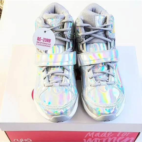NWT Ryka Women's Tenacious Patent Silver Iridescent Comfort Training Sneakers