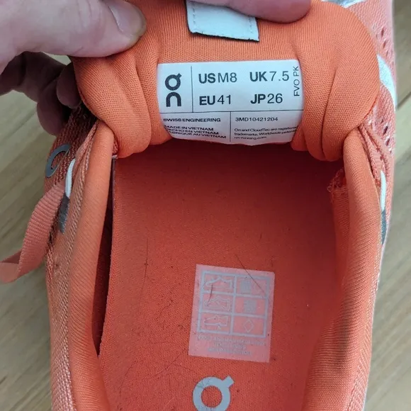 ON Cloud Cloudsurfer Running Shoes orange &amp; white men's 8