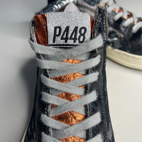 P448 high top sneakers glitter lace metallic Black silver orange  Sz 38 or 7.5/8
