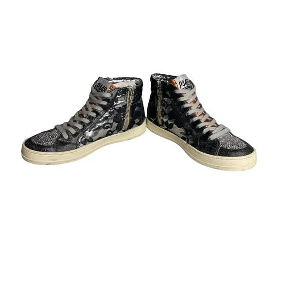 P448 high top sneakers glitter lace metallic Black silver orange  Sz 38 or 7.5/8